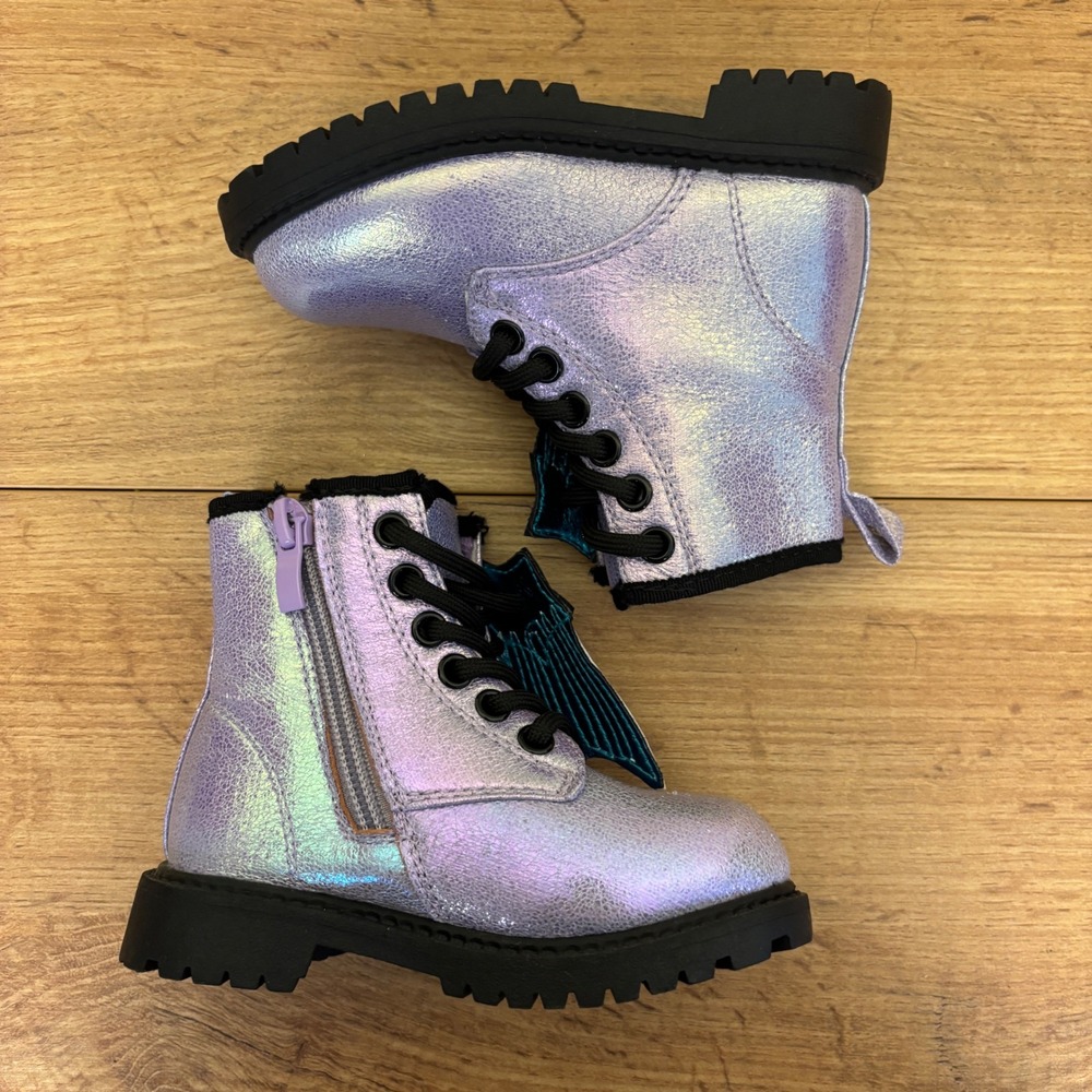 OLIVIA MILLER GIRL Crystal Sky Combat Boots Purple Kids Size 5 Metallic Lace Up - Picture 7 of 11